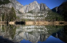 Upper and Lower Yosemite Falls Reflected in the Merced Ri... - California